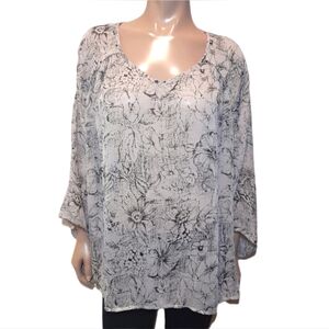 Jacob Sheer Floral Blouse Pleated Cropped Sleeve Scoop Vneck Top